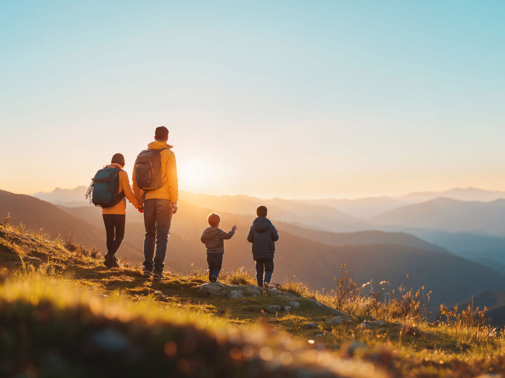 Family hiking at sunset, overlooking mountain landscape, wearing backpacks.