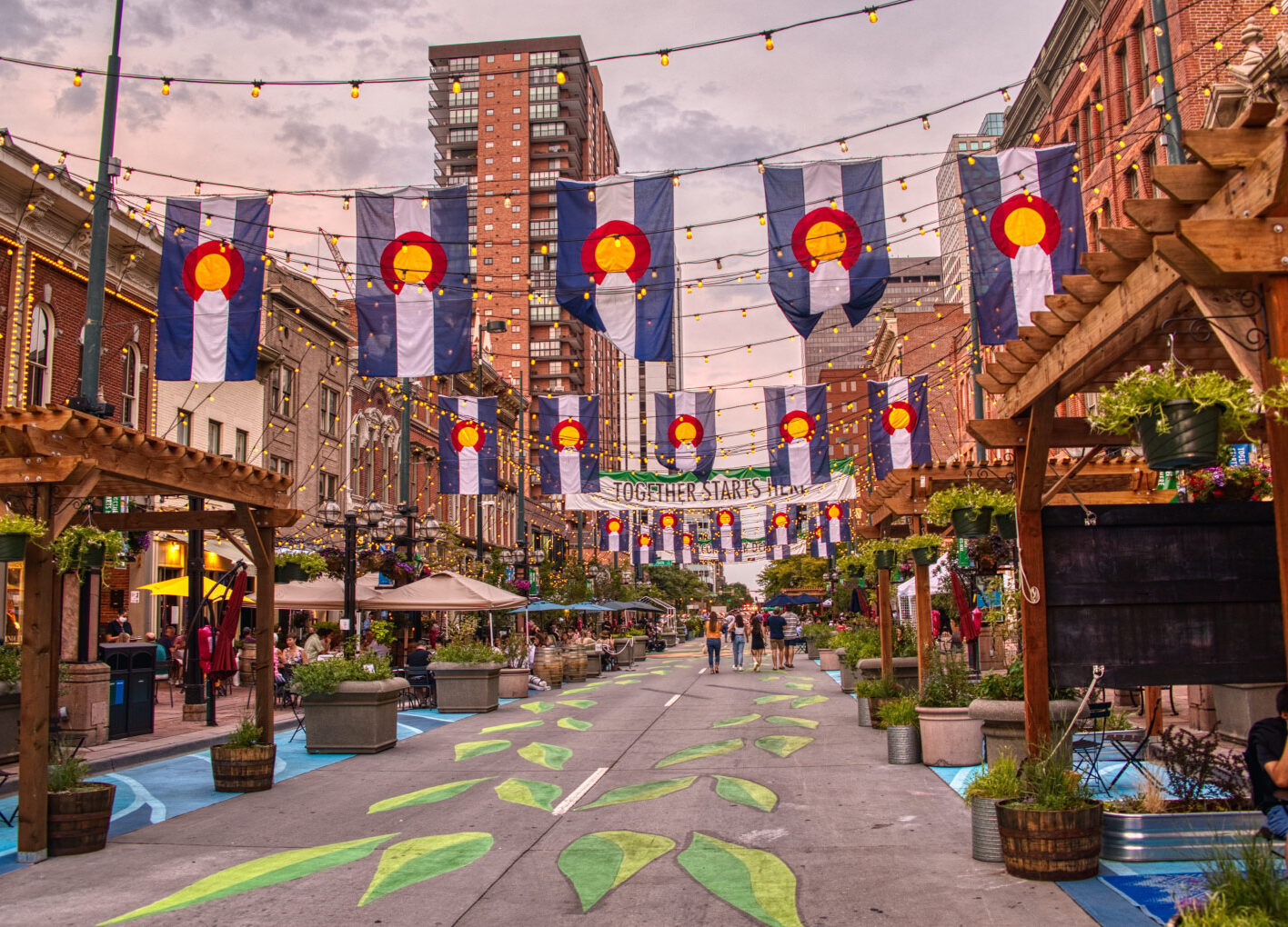 Street scene with Colorado flags and 